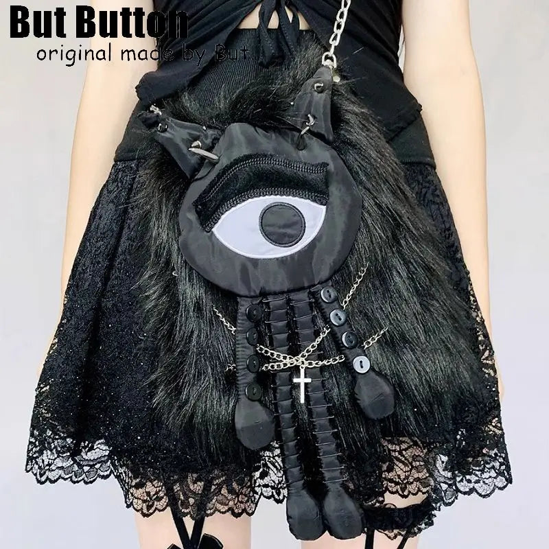 Y2K Girl Vintage Gothic Harajuku Punk Autumn Winter Furry Chain Cross Shoulder Bag | Black Plush Women's Decoration Handbag