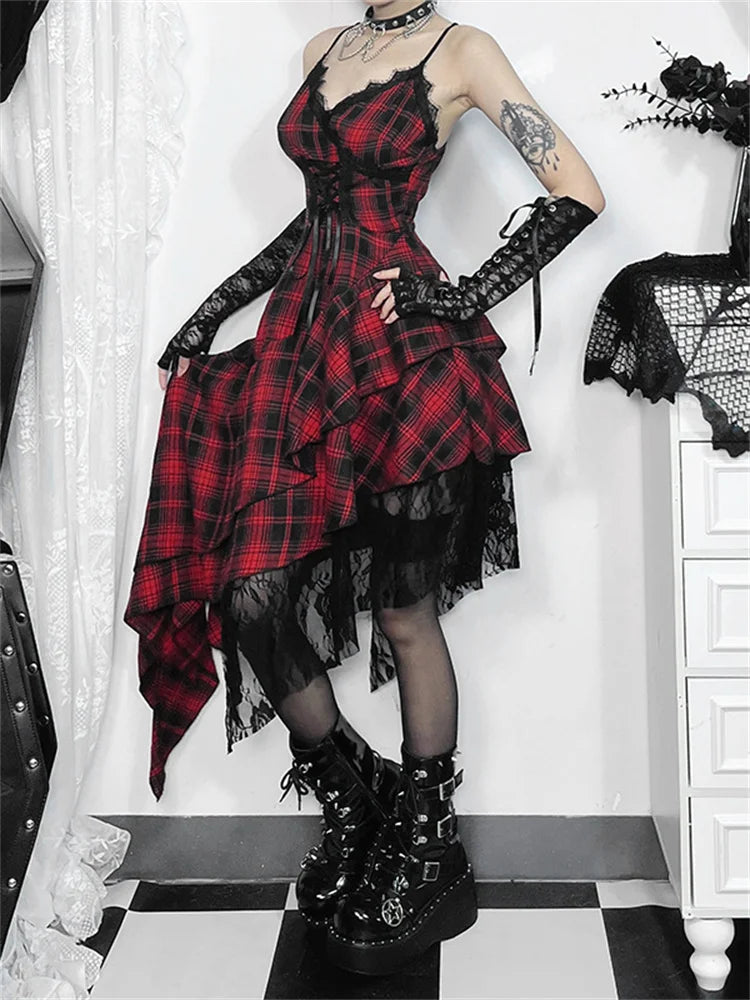 SUNSIREN Harajuku Gothic Plaid Dress for Women - Japanese Y2K 2000s Lace Patchwork Spaghetti Strap V-Neck Halloween Dress