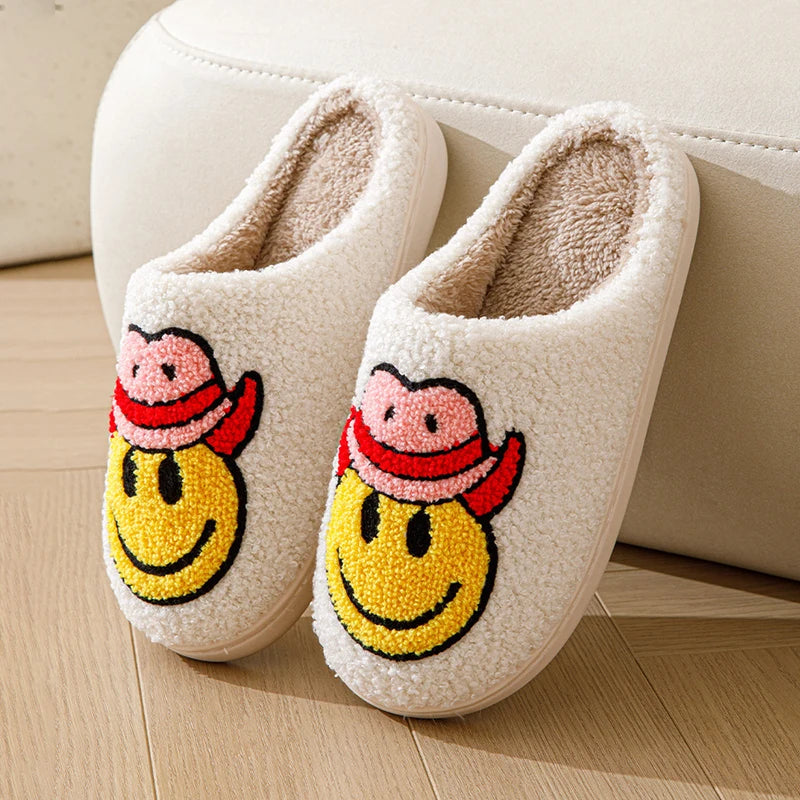 Cowboy Smile Face Fur Slippers for Women 2023 - Winter Closed Toe Plush Cotton Slippers, Comfy Soft Bottom House Shoes for Couples