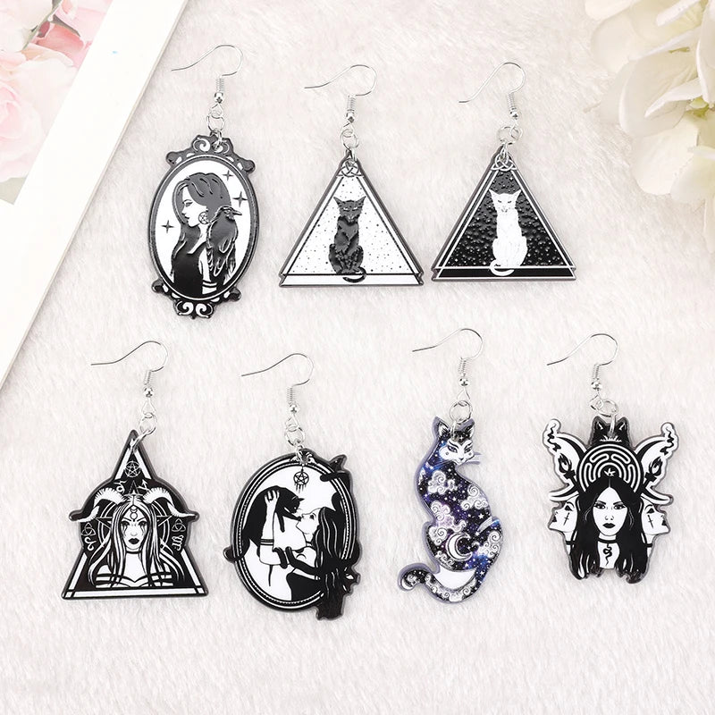 1Pair Fashion Witch Pagan Dangle Earrings Acrylic Hecate Goddess Cat for Women Birthday Gift