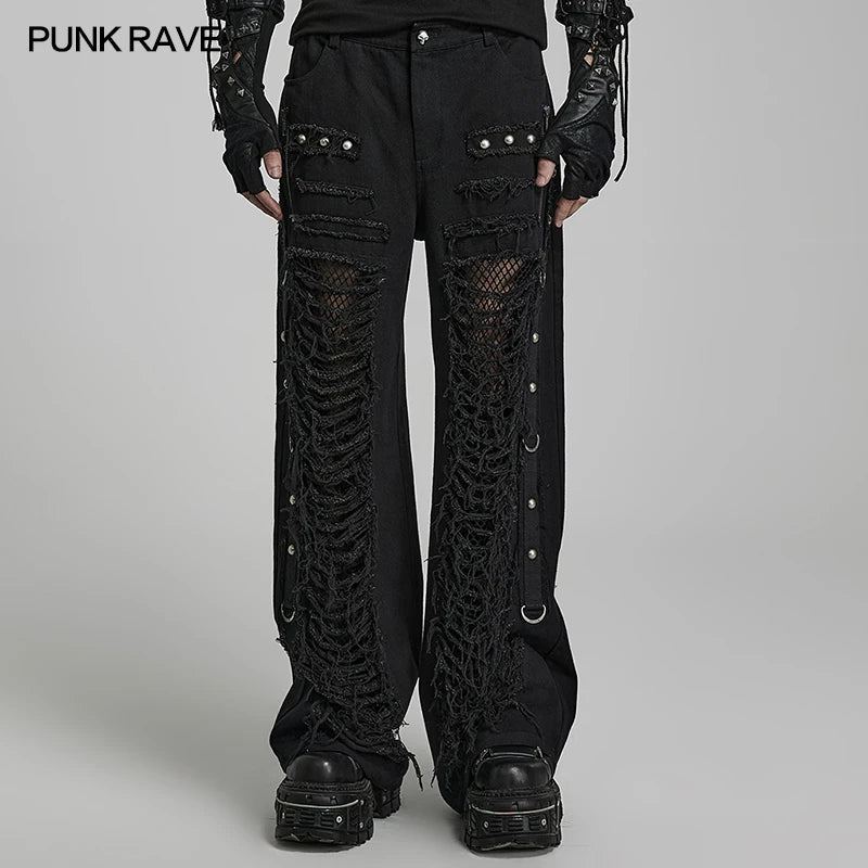 PUNK RAVE Men's Steampunk Doomsday Ripped Twill Denim Pants Personality Punk  Casual Handsome Loose Black Men Trousers