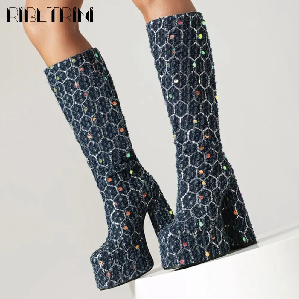 Glitter Bling Platform Boots for Women | Denim Chunky High Heel Mid-Calf Slip-On Shoes | Luxury Designer Knee-High Boots for Winter