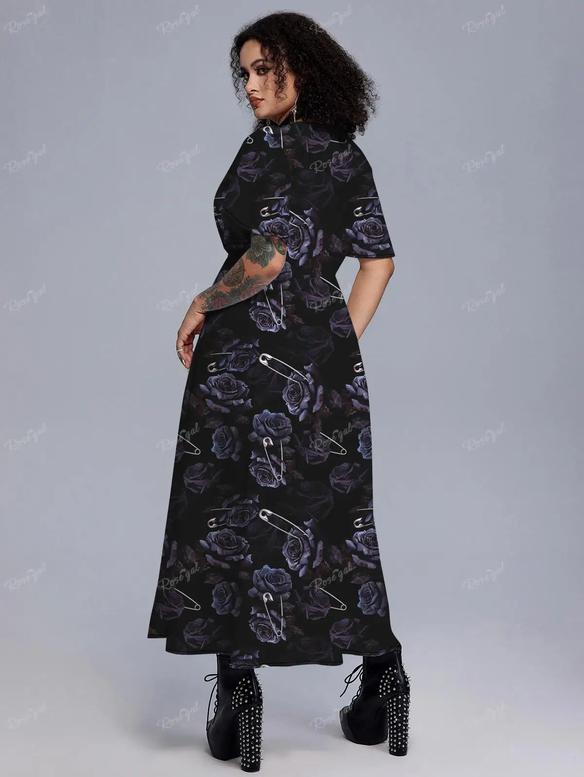 Gothic Flower Pin Print Split Dress – Ladies Spring/Summer V-Neck Short Sleeve Midi Dresses, Plus Size Casual