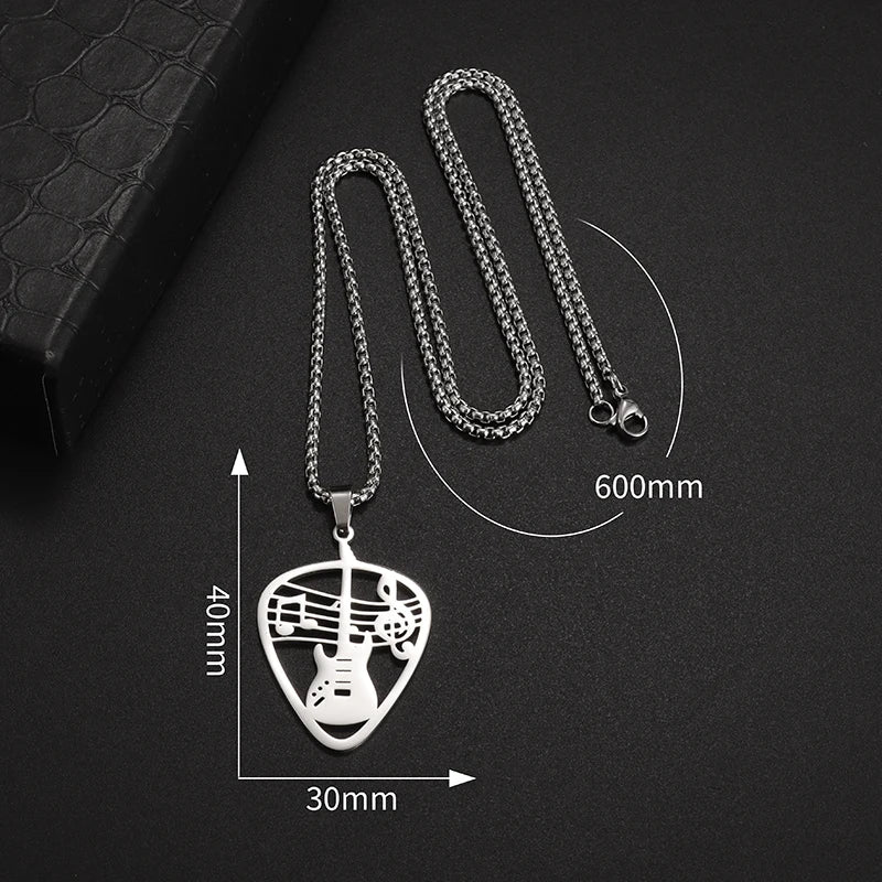 Stainless Steel Hollow Design Guitar Pick Bass Note Necklace Men and Women Suitable for Music Lovers Pendant Rock Punk Jewelry