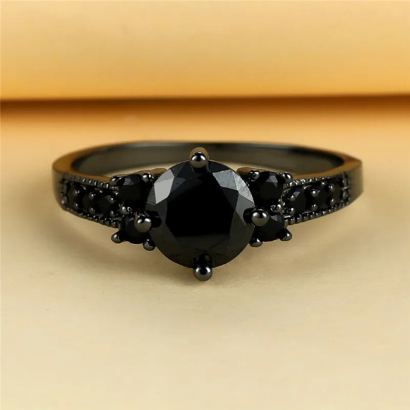 Round Black Zircon Stone Ring for Fashion Wedding Party Engagement Jewelry