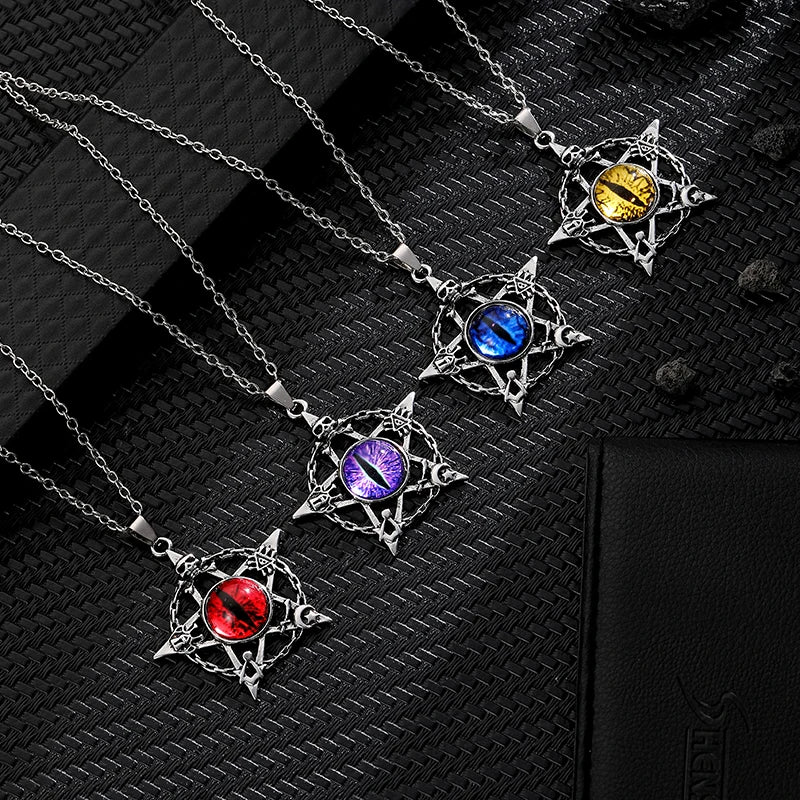 Pentagram Devil's Eye Pendant Necklace - Punk Retro Metal Collar Jewelry Gift for Men and Women