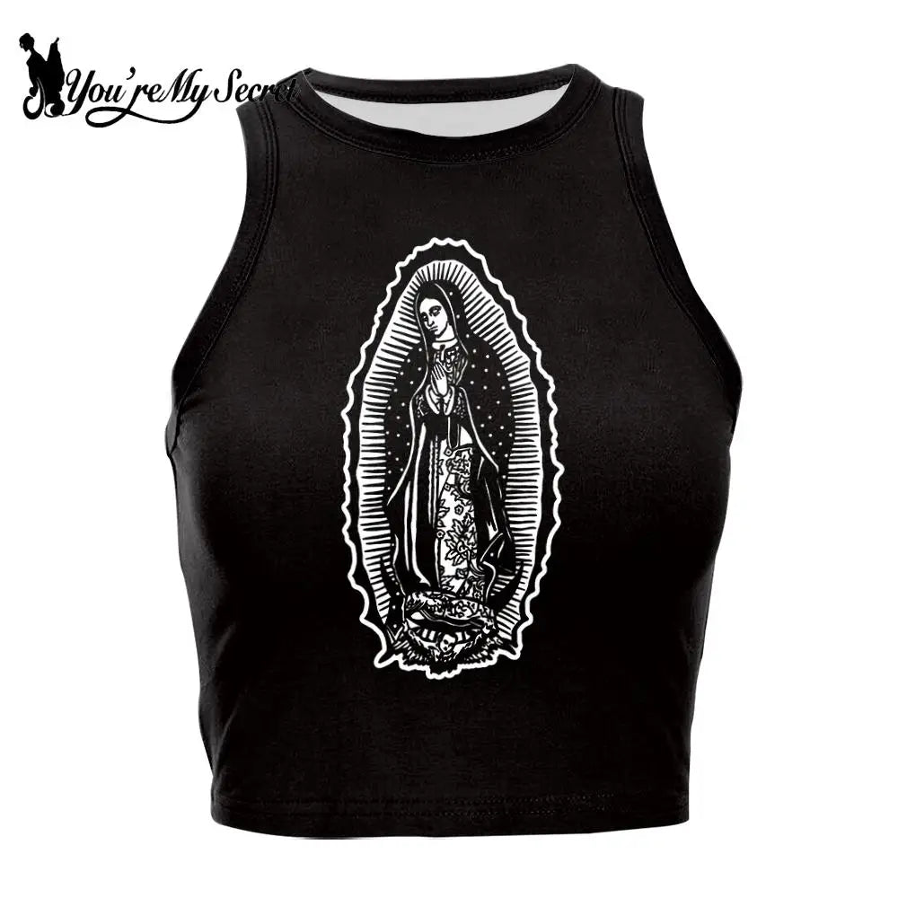 [You're My Secret] Women Vest Crop Tops Girl Sleeveless Top Women O-Neck Sexy Crop Vest Virgin Mary Streetwear Sleeveless Summer