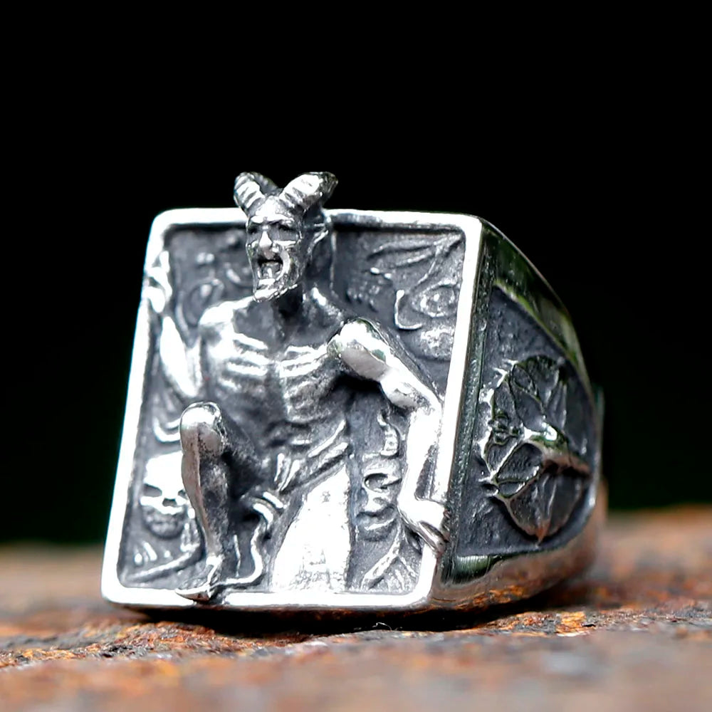 Stainless Steel Baphomet Goat Head Ring - Pagan Religion Deity Jewelry for Men, Fallen Angel Lucifer Design