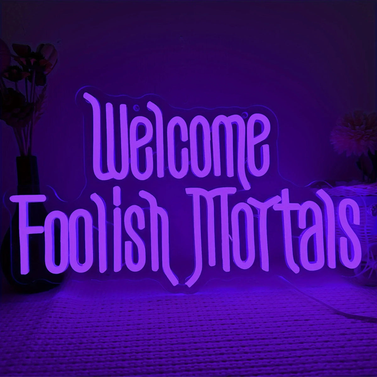 Welcome Foolish Mortals” Neon Sign - Gothic Haunted Mansion LED Decor, USB Powered, Perfect for Halloween & Home Bar