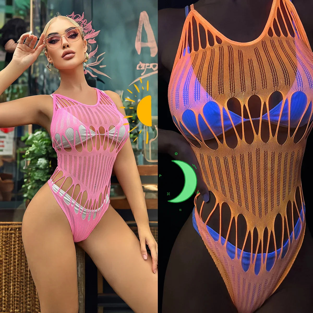 Sexy Fluorescent Luminous Fishnet Bodysuit For Women