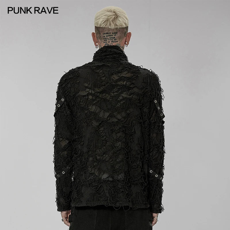 PUNK RAVE Men's Gothic High Round Collar Pullover T-shirt Elastic Ragged Eyelet Webbing Personality Casual Loose Tops