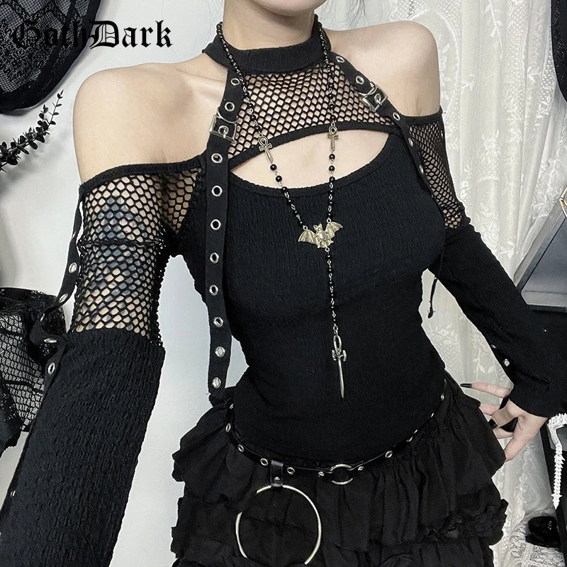 Goth Dark Punk Grunge Off-Shoulder T-Shirt – Fishnet Patchwork Halter Top, Gothic Streetwear for Autumn