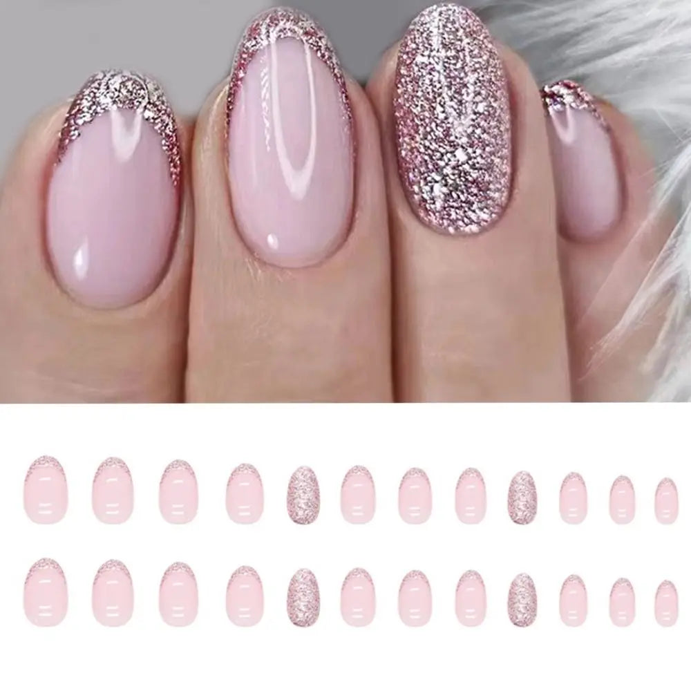 24Pcs Almond Glitter False Nails – Short Full-Finished Round Fake Nails, French Style Full Cover Press-on Nail Tips for Women