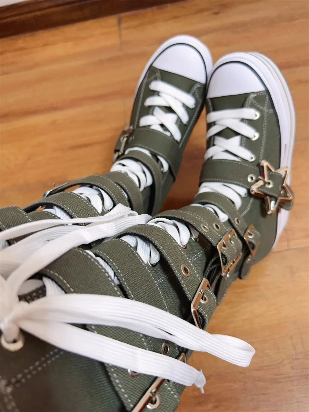 Women wasteland punk long Boots woman high wedges Heels pumps Lady Dress party shoes big toe army green customized canvas shoes