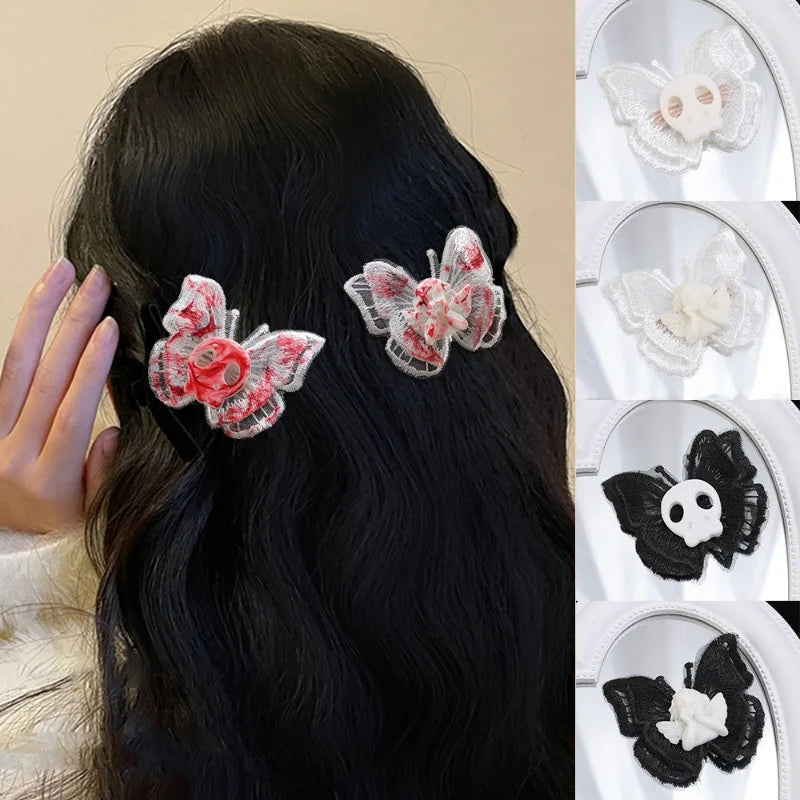 Halloween Goth Handmade Wounded Butterfly Skull Hairpin – Women’s Cartoon Harajuku Nostalgic Hair Clips, 90s Party Accessories