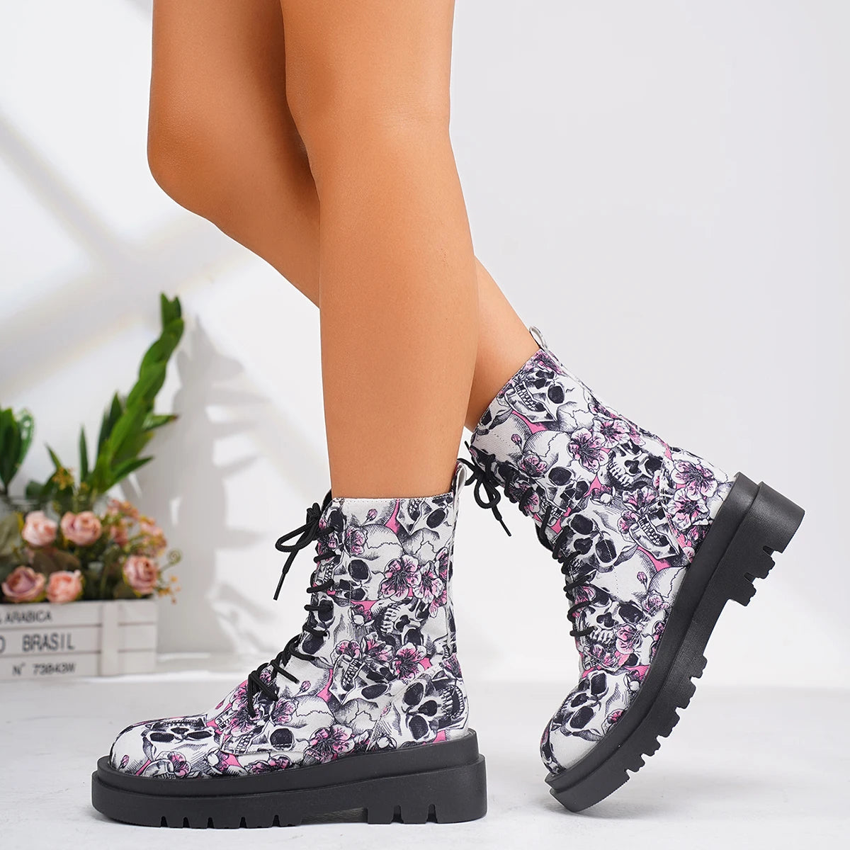 Spring and Autumn Punk Style Patterned Print Lace-Up Martin Boots