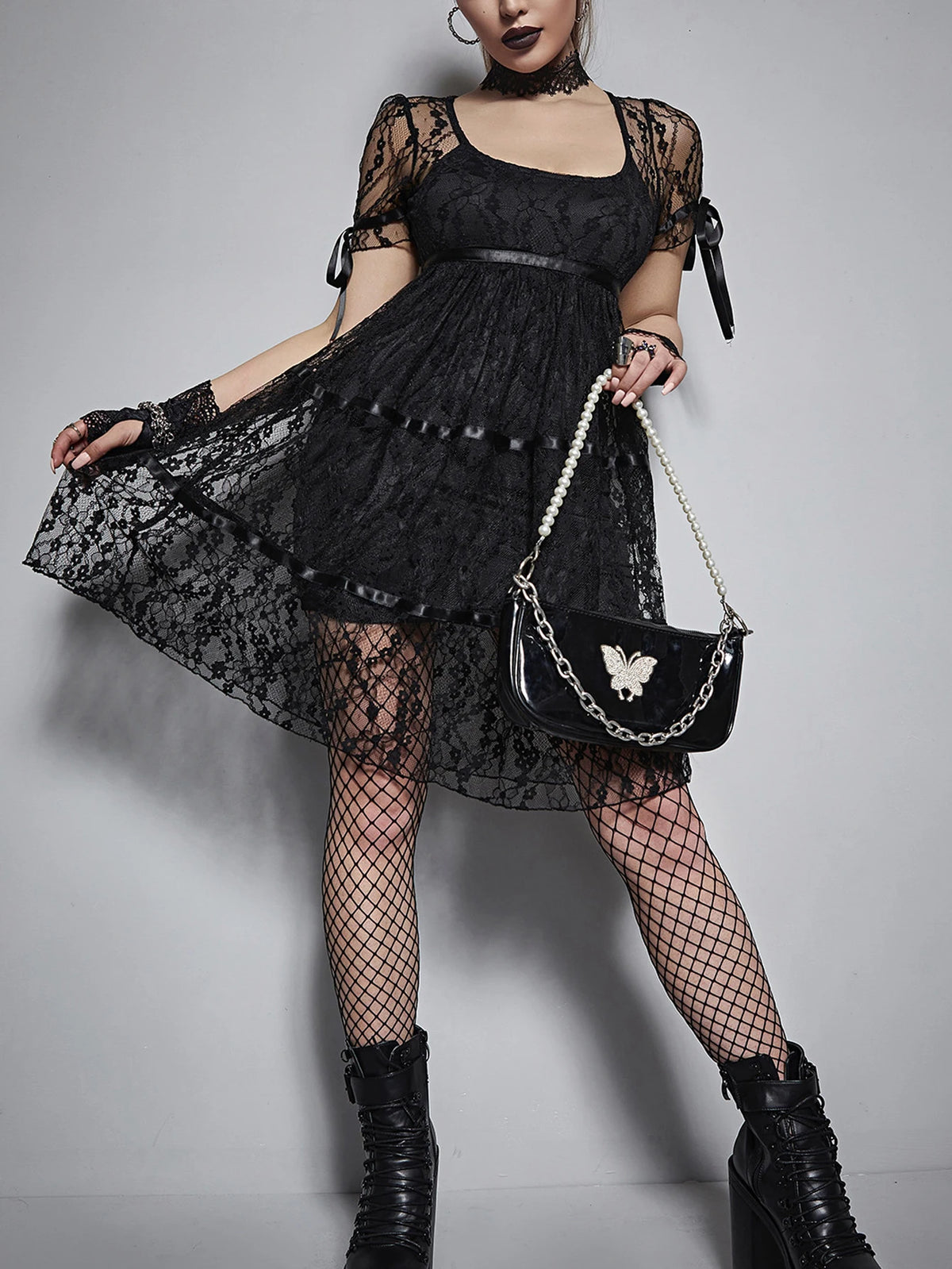 Goth Dark Lolita Gothic Kawaii Lace See-Through Dress - Bow Harajuku Black A-line Mini Dress for Women, Backless