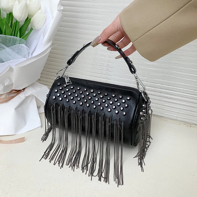 Casual Women’s Crossbody Bag - Rivet Leather Fashion Shoulder Bag, Small Barrel Designer Handbag with Trendy Tassel Clutches