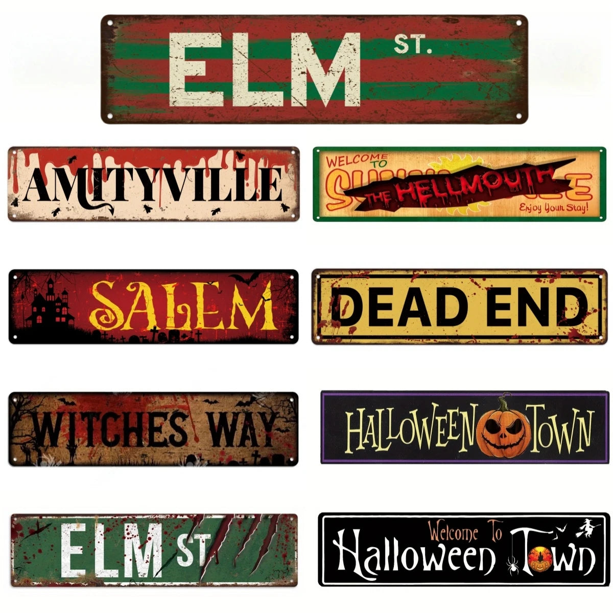 Vintage Metal Aluminium Signs - Halloween Town, ELM ST, Dead End - Retro Signs For Cafe Bar Club Man Cave Home Kitchen Wall Art Decor