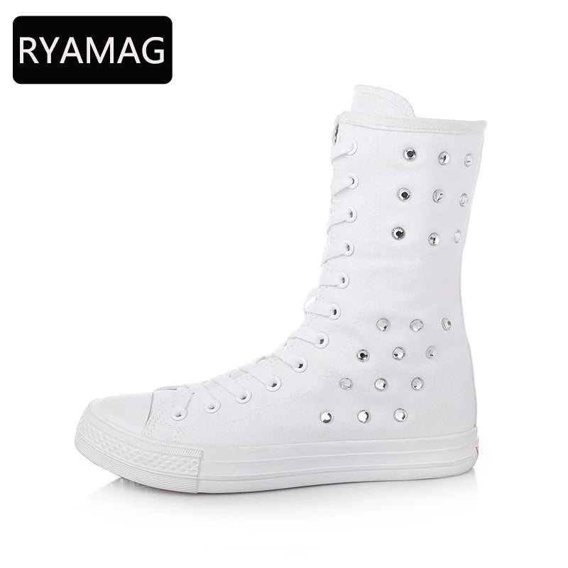 New Women’s Canvas Beaded Winter Boots - Short Lace-Up Flats with Rhinestones, Long Plush Comfortable Sneakers