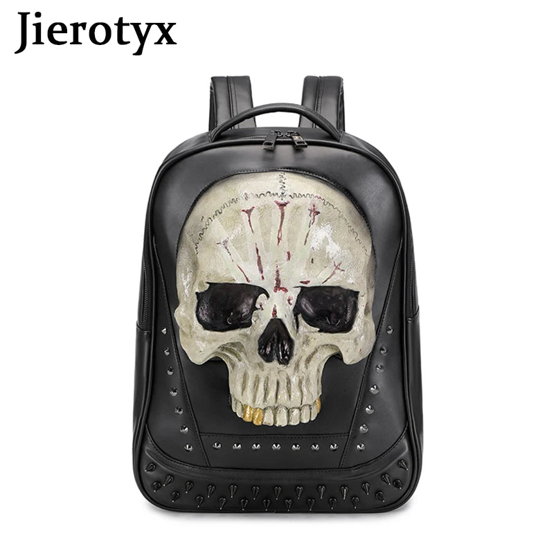 JIEROTYX 3D Skull Backpack - Women's Gothic Style Luminous Large Capacity Retro Rivet Travel Bag for Girls, Computer Laptop Backpack