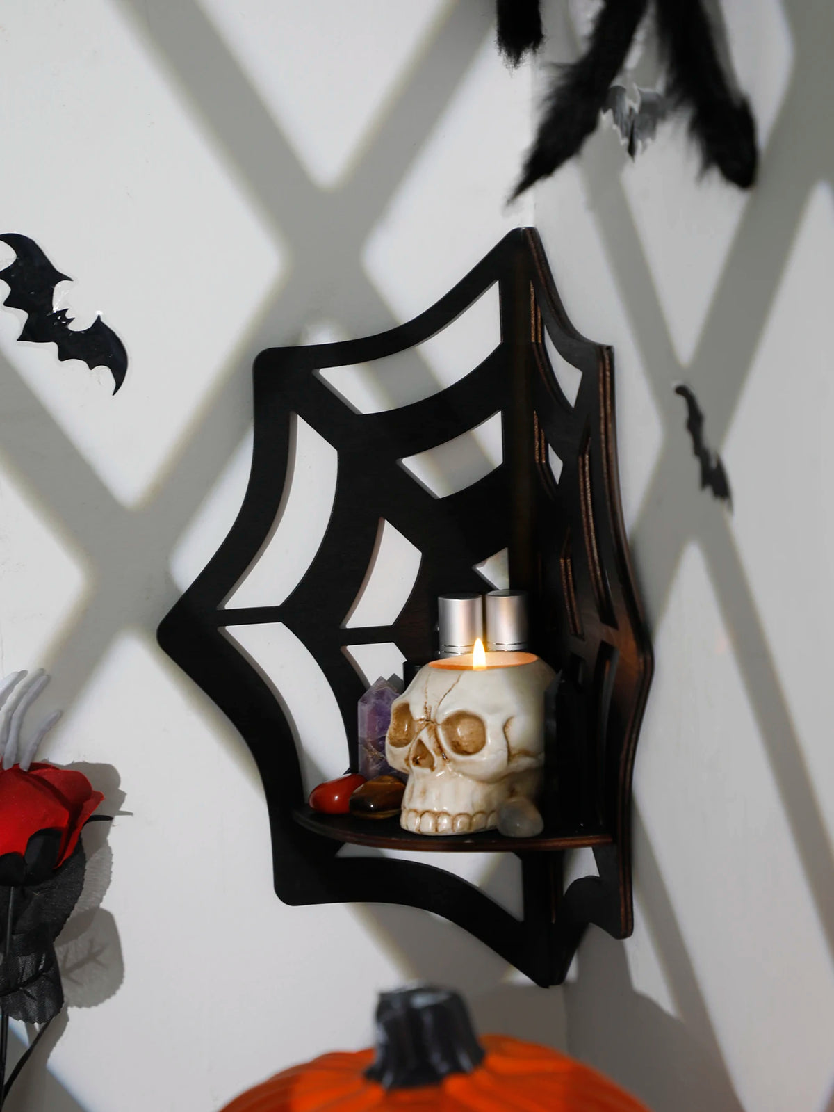 Spider Web Floating Corner Shelf - Gothic Halloween Decoration, Wall Hanging Crystal Display Shelf, Kitchen and Home Wall Decor