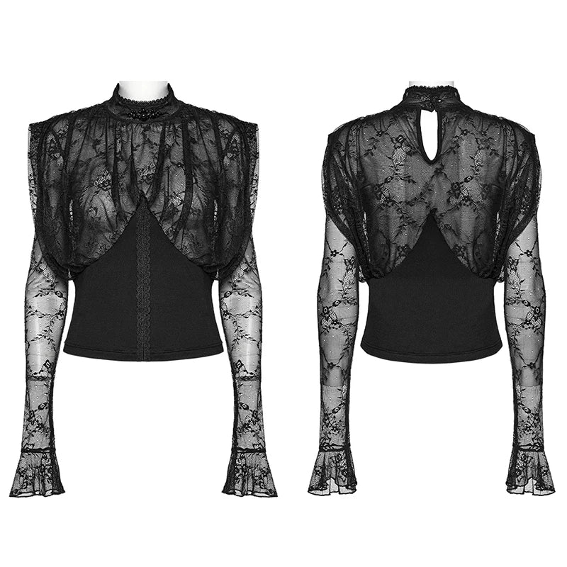 PUNK RAVE Women's Gothic Lace Splicing Shirt - Retro Black Blouse with Elastic Detailing, Daily Sexy Mystery Top