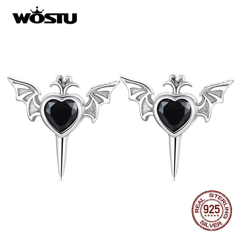 WOSTU 100% 925 Sterling Silver Heart Wings Stud Earrings Punk Goth Red Black Zircon Earrings for Women Fine S925 Jewelry Gifts