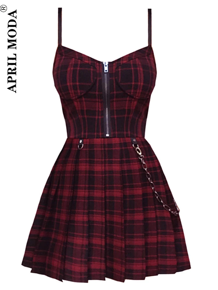 Gothic Girls' Red Plaid Pleated Dress – Emo Alt Y2K Zip-Up Punk Rock Mini Dress with Black Spaghetti Straps