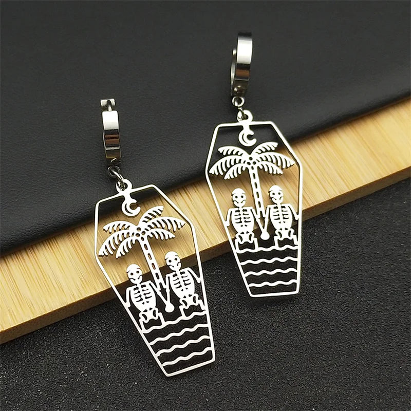 Dark Punk Coffin Skull Hoop Earrings - Stainless Steel Couple Jewelry for Men and Women