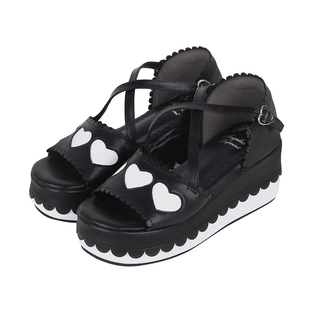 Women and Girls Lolita Punk Rock Black and White Sandals - 7cm Platform Shoes with Heart Accents