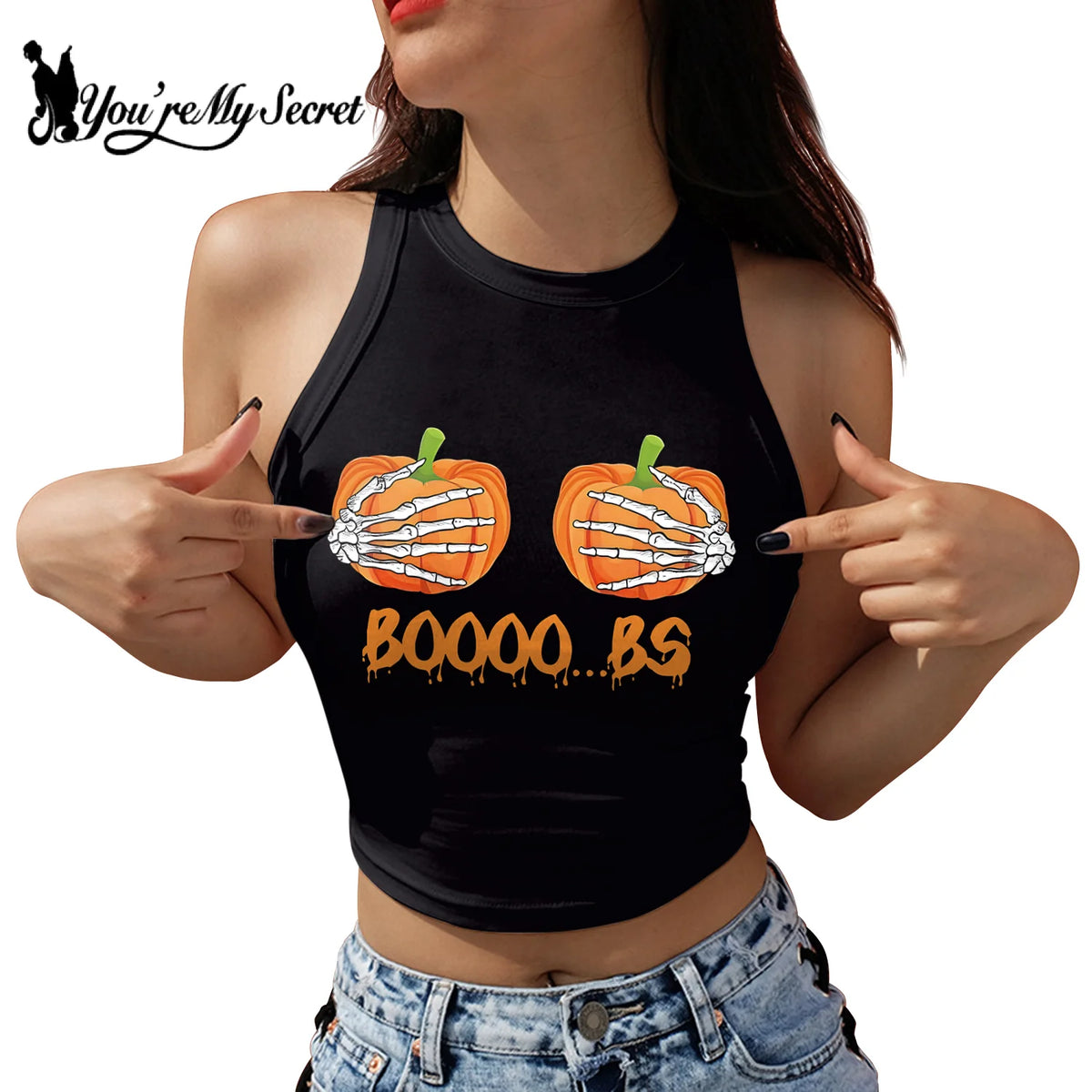 [You're My Secret] Halloween Party Pumpkin Skull Printing Tight Elastic Tie dye Tank Top For Women Summer Y2K Gothic Top