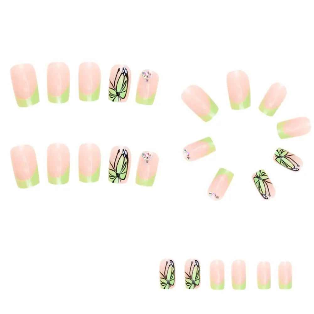 24pcs Butterfly Fake Nails Square Head French With Diamond False Nail Waterproof Faux Medium Fingernails Press on Nails