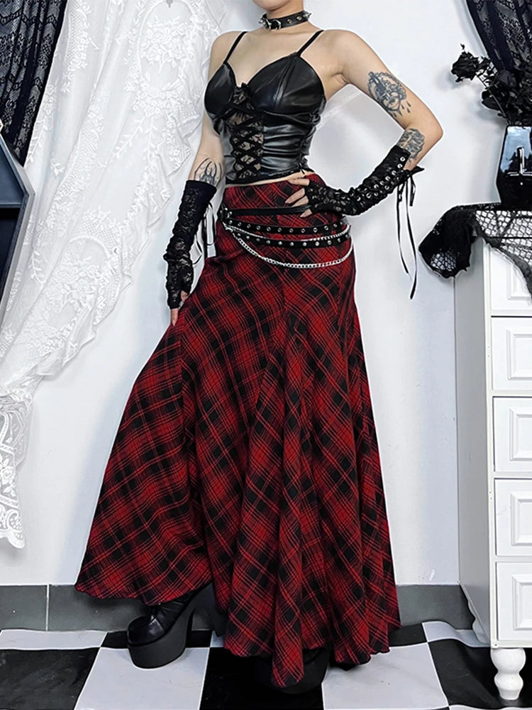 AltGoth Vintage Gothic Red Plaid Skirt for Women | Harajuku Streetwear Cyber Y2K High Waist Trumpet Skirt | Aesthetic Coquette Partywear