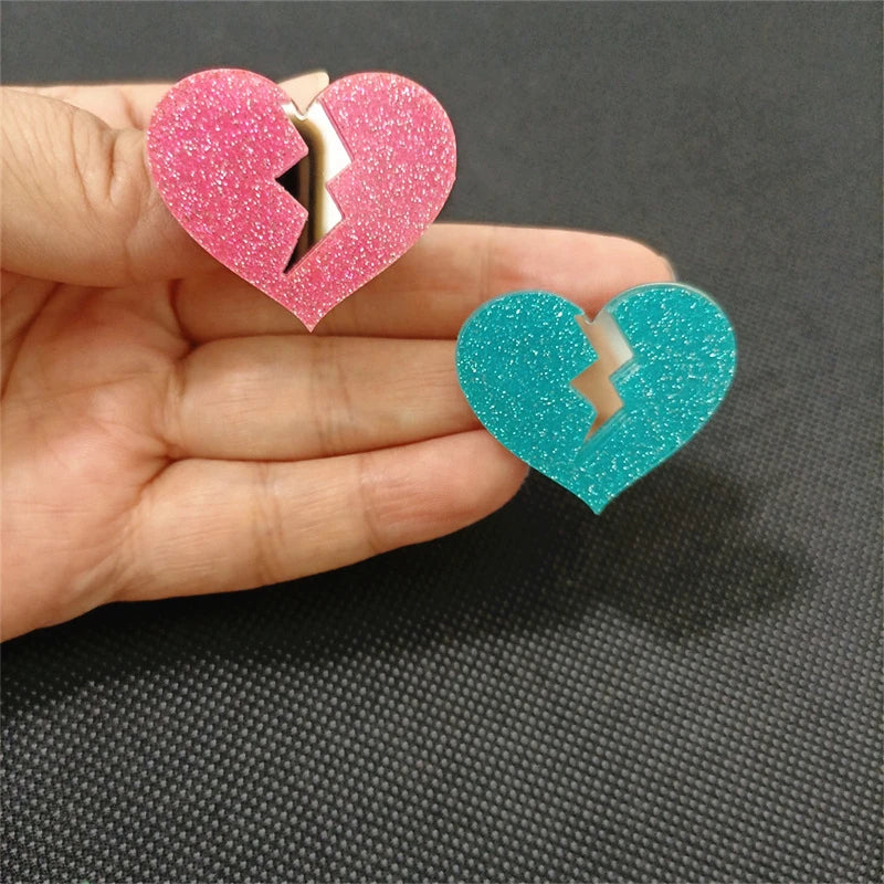 KUGUYS Cute Heartbreak Stud Earrings Women Glitter Acrylic Blue Pink Classic Jewelry Accessories