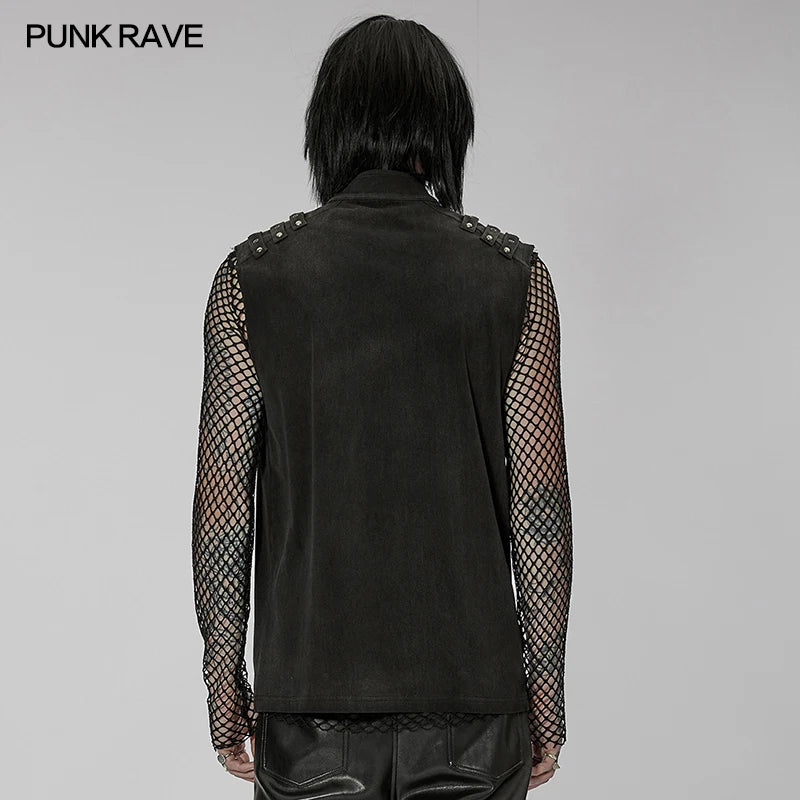 PUNK RAVE Men's Punk Handsome Asymmetric Twill Vest Shoulder Decorative Loop Casual  Tank Tops Four Seasons Men Clothing