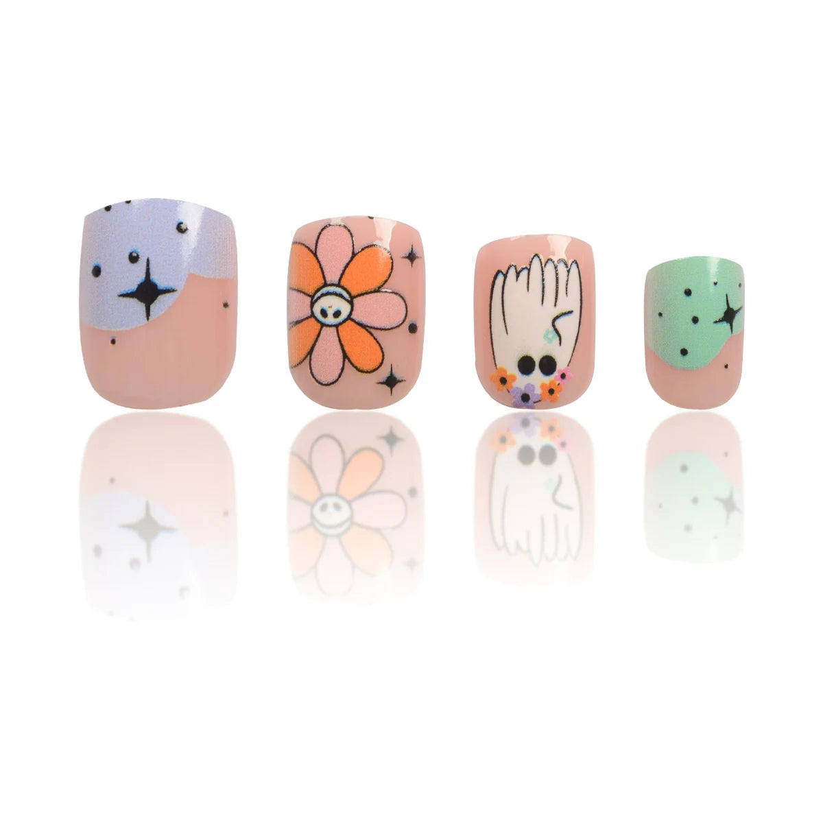 24pcs Halloween Press-On Nail Set – Floral & Festive Design, Glossy Finish with Jelly Glue & Nail File