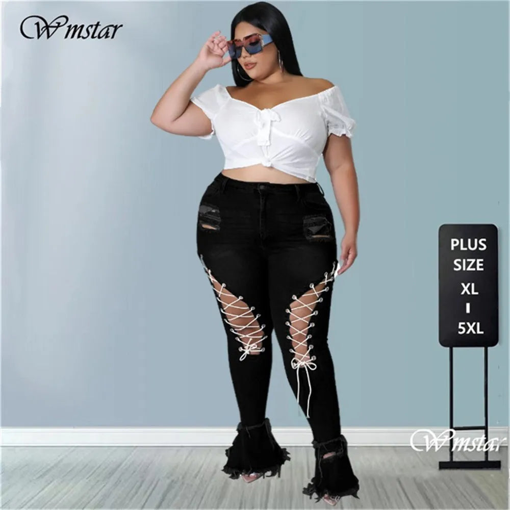 Wmstar Plus Size Flared Jeans Women Bandage High Waist Tassel Hole Denim Ripped Bottom Stretch New Pants Wholesale Dropshipping