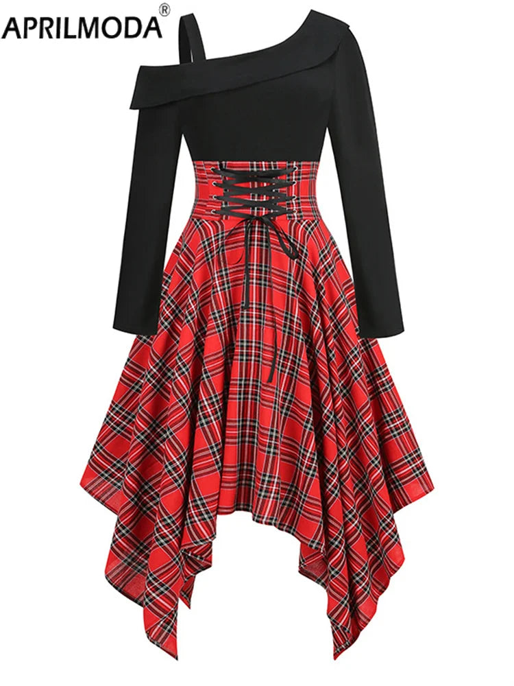 Asymmetrical Plaid Patchwork Dress – Women’s Gothic Grunge Aesthetic Flare Dress, Autumn Fashion