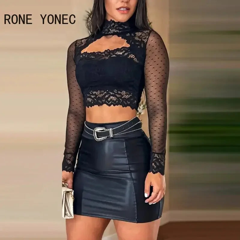 Women Chic Long Sleeve Lace Top & PU Leather Skirt Set - Bodycon Mini Skirt with Belt and Button Detail