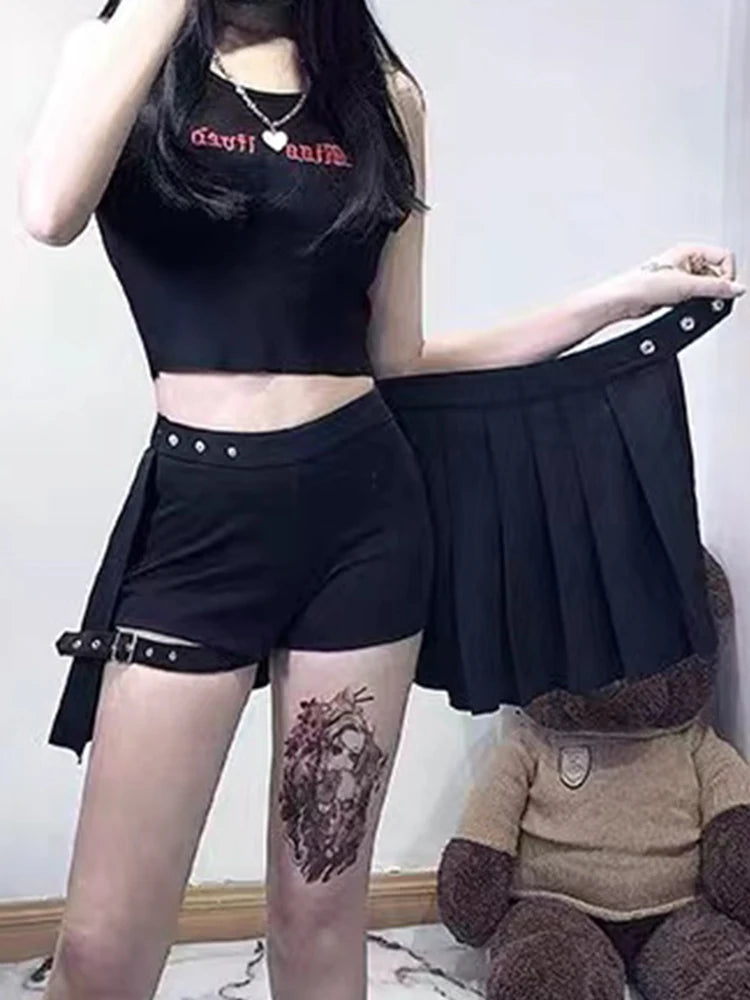 AltGoth Punk Mall Goth Shorts Skirt - Women's Y2K E-girl Streetwear Harajuku Leg Ring Buckle Detachable High Waist Emo Alt Clubwear