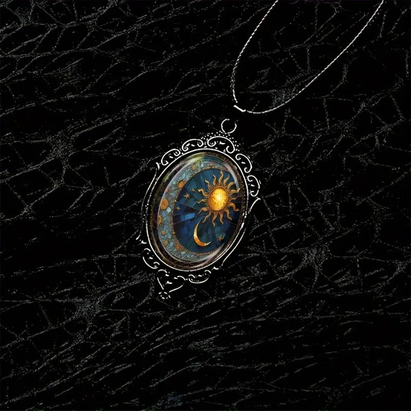 Enchanting Oval Glass Pendant Necklace - Sun & Moon Pattern in Black Frame, Vintage Romantic Jewelry for Anniversary Party Gifts