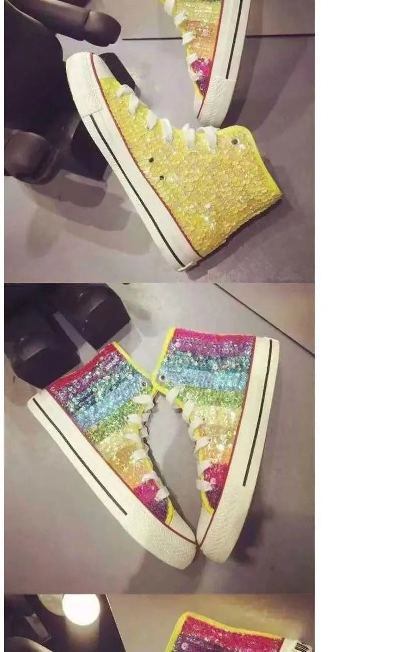 Women's Bling Glitter High Top Sneakers – Casual, Comfortable, Non-Slip with Rainbow Sequins, Trendy Brand Flats