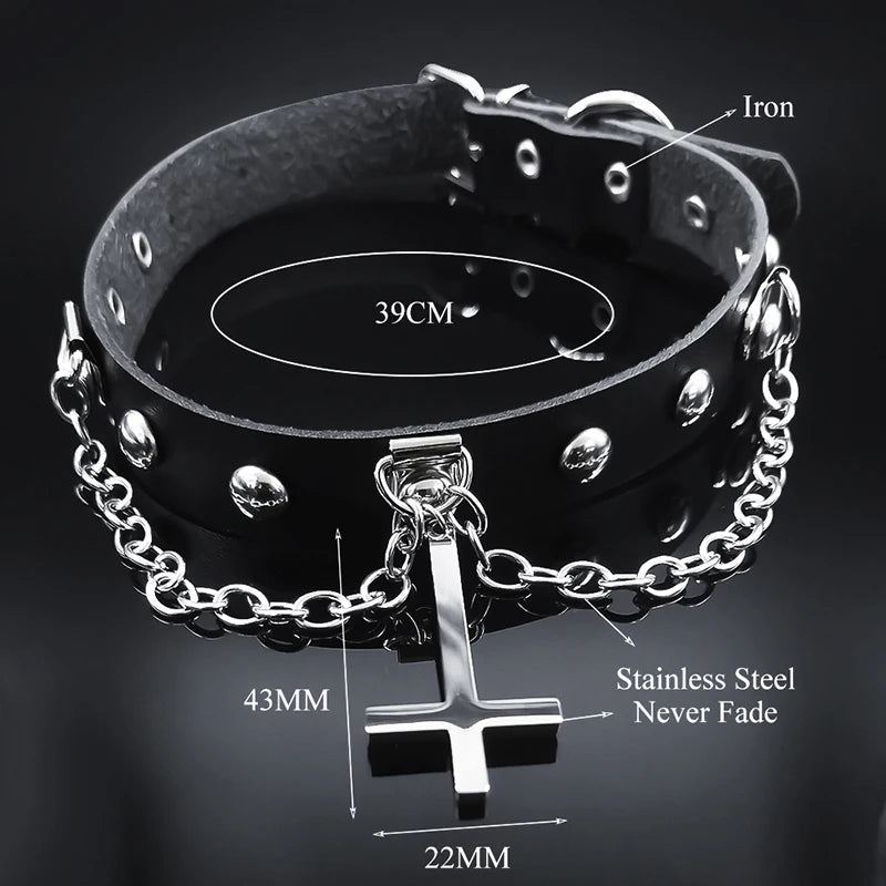 Harajuku Choker Gothic Peter's Cross Necklace - Stainless Steel with PU Leather, Anime Cosplay Jewelry Gift