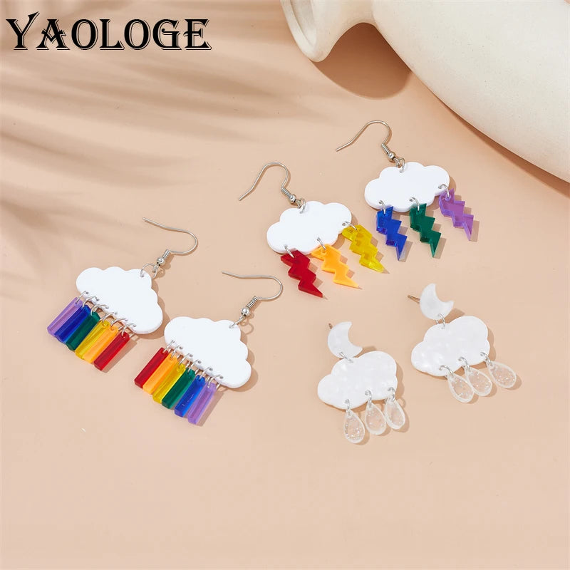 Acrylic Lovely Clouds Rainbow Lightning Raindrops Drop Earrings for Women - Cartoon Ear Jewelry, Birthday Gifts by YAOLOGE