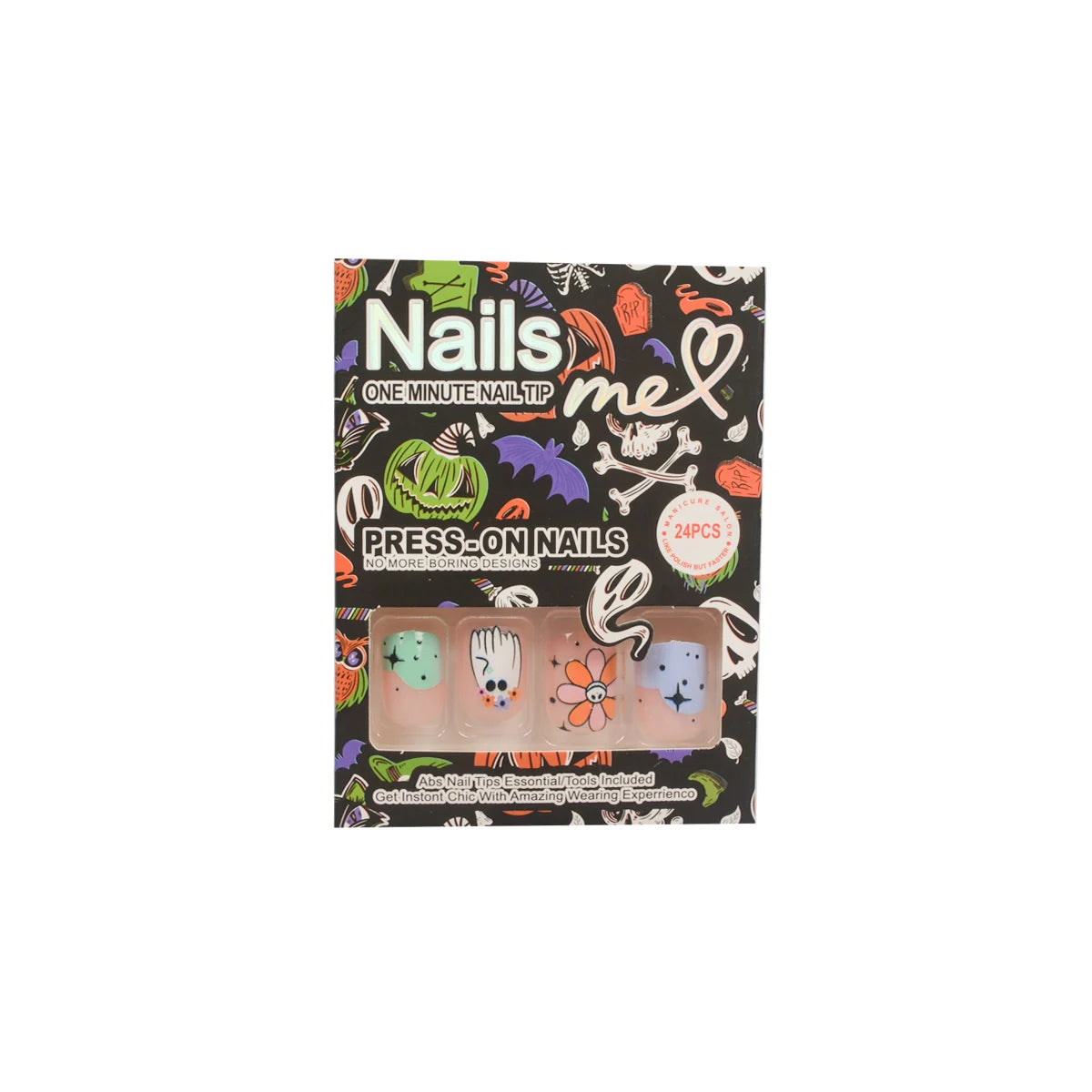 24pcs Halloween Press-On Nail Set – Floral & Festive Design, Glossy Finish with Jelly Glue & Nail File