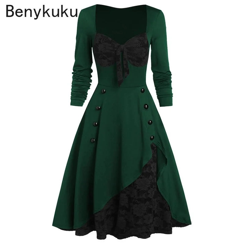 Plus Size Gothic Vintage Patchwork Lace Dress – Long Sleeve Bow Neck, Retro Button Dress for Spring & Autumn 2024