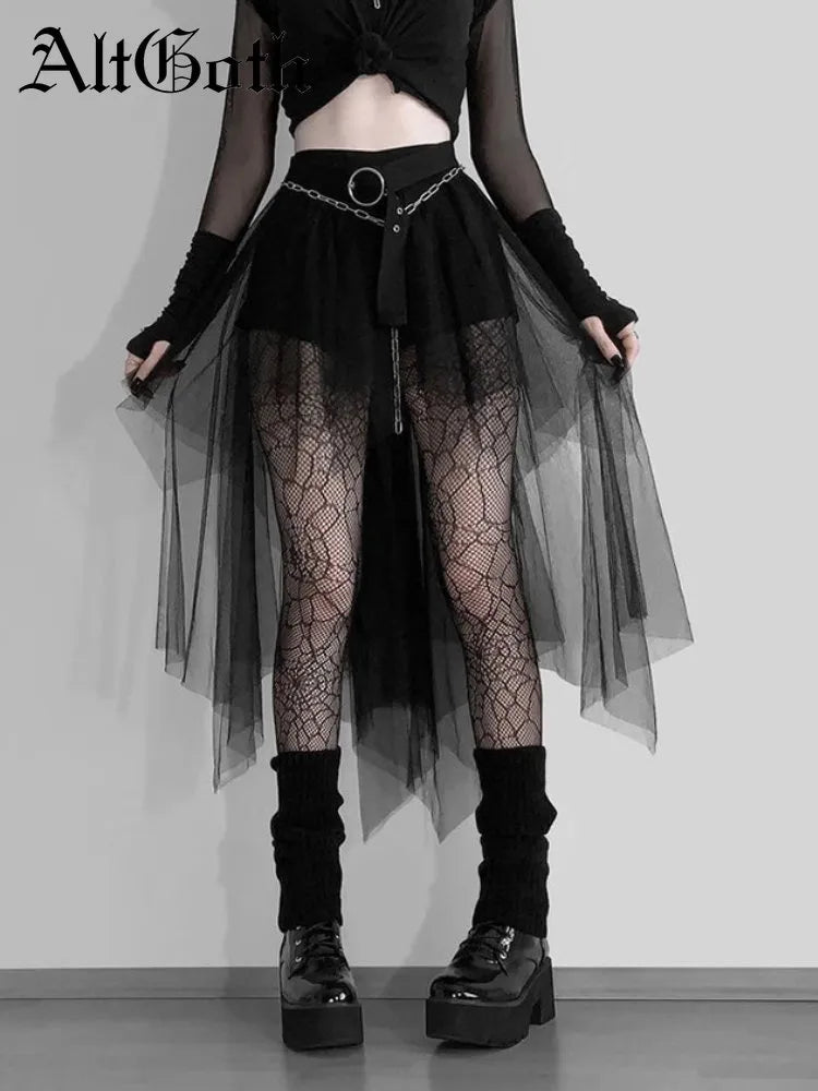 AltGoth Harajuku Alternative Goth Sheer Mesh High Wasted Irregular Hem Skirt