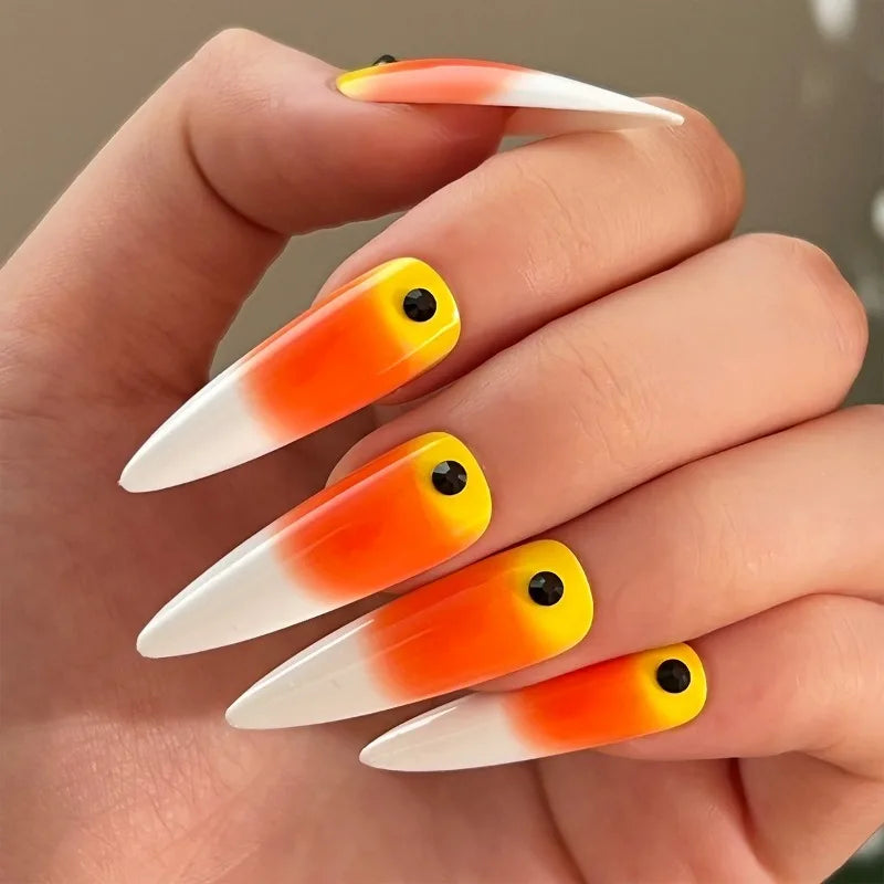 24 Pcs/Set Halloween Pointed Fake Nails Press on Nails Art Removable Nail Tips Long Ballet False Nails Almond Wearing Nail Fake