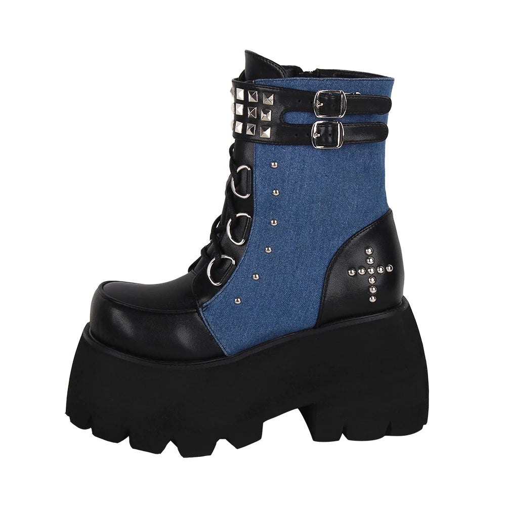 Women’s Gothic Motorcycle Punk Boots - Short Ankle Chunky Sole Shoes in Black and Denim, 10cm Heel